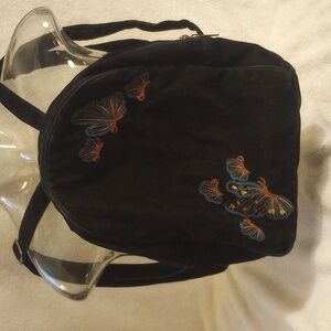 Butterfly embroidered black velvet backpack purse